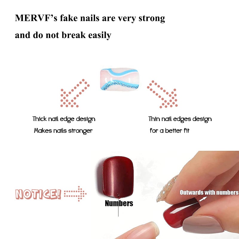 MERVF Square Press on Nails Medium Fake Nails Blue White Squoval Acrylic Nails with Glitter Lines Design 24pcs Glossy Neon Beach Summer Glue ons - Image 4