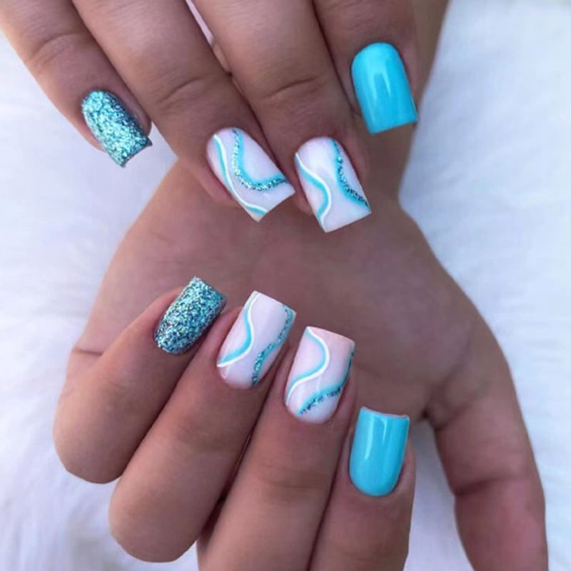 MERVF Square Press on Nails Medium Fake Nails Blue White Squoval Acrylic Nails with Glitter Lines Design 24pcs Glossy Neon Beach Summer Glue ons - Image 1