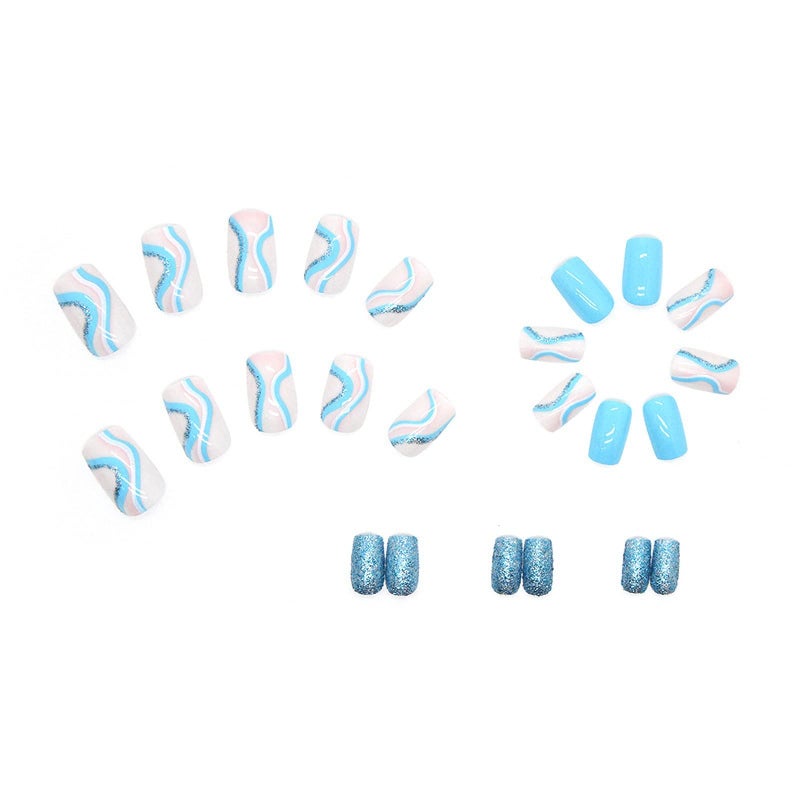 MERVF Square Press on Nails Medium Fake Nails Blue White Squoval Acrylic Nails with Glitter Lines Design 24pcs Glossy Neon Beach Summer Glue ons - Image 2
