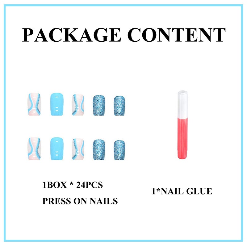 MERVF Square Press on Nails Medium Fake Nails Blue White Squoval Acrylic Nails with Glitter Lines Design 24pcs Glossy Neon Beach Summer Glue ons - Image 3