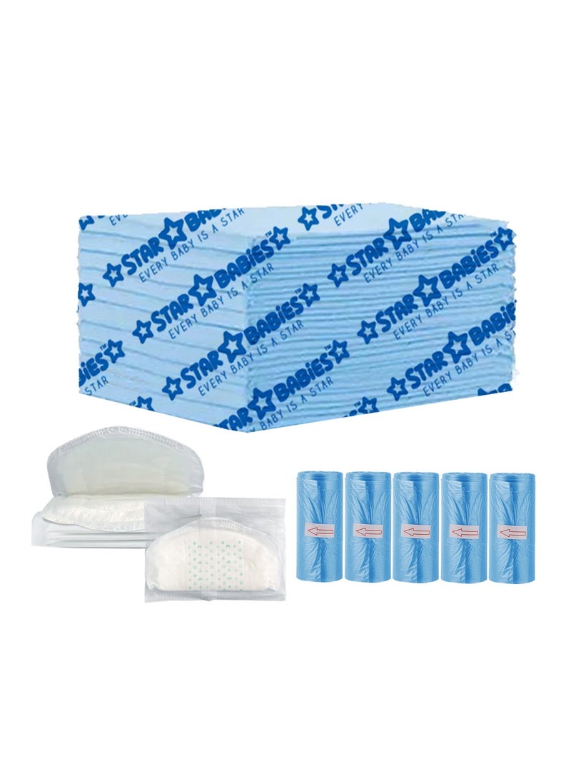 STAR BABiES Star Babies Combo Pack (Disposable Changing mat 12pcs, Scented Bag 5pcs (75bags) with  Disposable Breast Pad 5pcs) - Blue  - Image 1