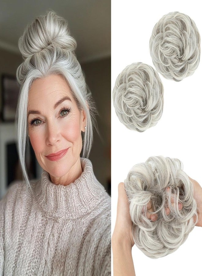 SARLA 2PCS Messy Hair Bun Hair Pieces Wavy Curly Synthetic Updo Fake Scrunchies Ponytail Extension for Women Grey Multi - Image 1