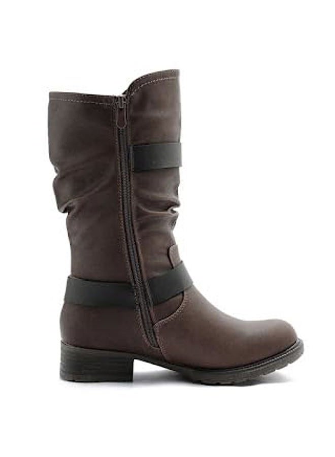 GLOBALWIN Women's Mid Calf Boots Fashion Moto Boots For Women With Buckle Straps, Side Zipper, And Low Block Heel – Biker Boots For Fall Spring Winter, Brown, 7 - Image 5