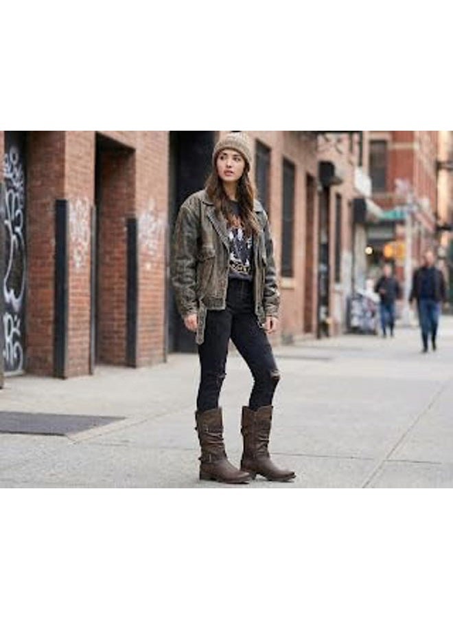 GLOBALWIN Women's Mid Calf Boots Fashion Moto Boots For Women With Buckle Straps, Side Zipper, And Low Block Heel – Biker Boots For Fall Spring Winter, Brown, 7 - Image 2