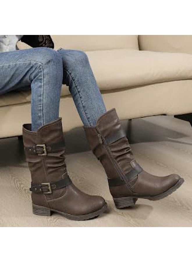 GLOBALWIN Women's Mid Calf Boots Fashion Moto Boots For Women With Buckle Straps, Side Zipper, And Low Block Heel – Biker Boots For Fall Spring Winter, Brown, 7 - Image 3