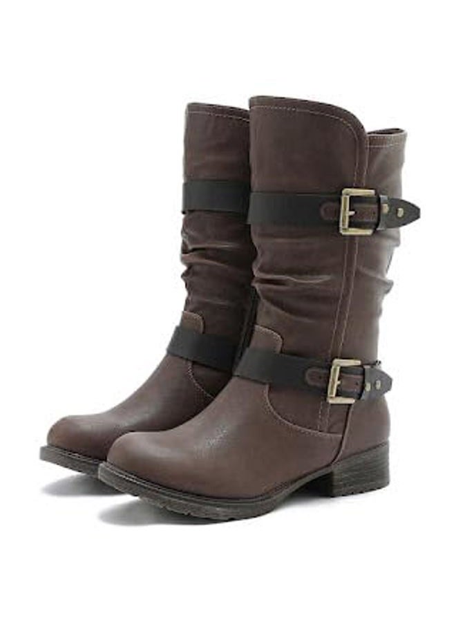GLOBALWIN Women's Mid Calf Boots Fashion Moto Boots For Women With Buckle Straps, Side Zipper, And Low Block Heel – Biker Boots For Fall Spring Winter, Brown, 7 - Image 1