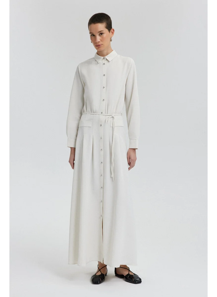 Touche Button Detailed Pleated Linen Dress