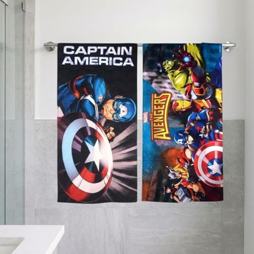 Athom Living Marvel Captain America & Avengers Kids Bath Towel Set of 2 | 60x120cm | 350 GSM Soft & Absorbent Cotton | Multicolor Fun Design for Boys & Girls | Quick Dry, Durable & Skin-Friendly - Image 1