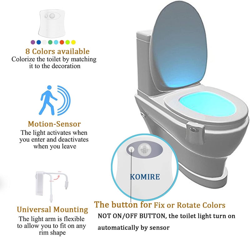 HASTHIP Komire Motion Sensor LED Toilet Night Light with 8-Color Changing, Battery Operated Waterproof Washroom Light - Image 2