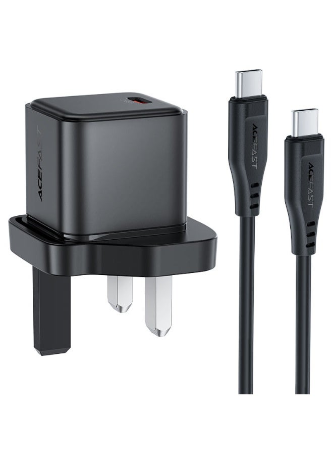 أسيفاست شاحن حائط سريع قابل للطي مع كابل USB-C إلى USB-C بطول 1.2 متر، A123 PD20W GaN (1xUSB-C) المملكة المتحدة، شحن مستقر، قابس المملكة المتحدة، حماية أمان متعددة - Image 1