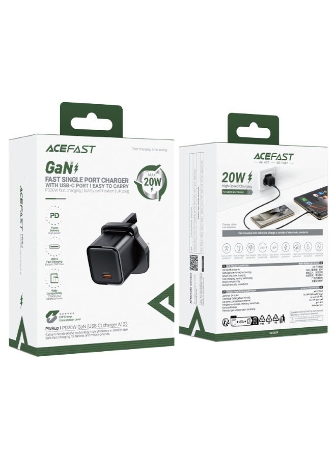 أسيفاست شاحن حائط سريع قابل للطي مع كابل USB-C إلى USB-C بطول 1.2 متر، A123 PD20W GaN (1xUSB-C) المملكة المتحدة، شحن مستقر، قابس المملكة المتحدة، حماية أمان متعددة - Image 5