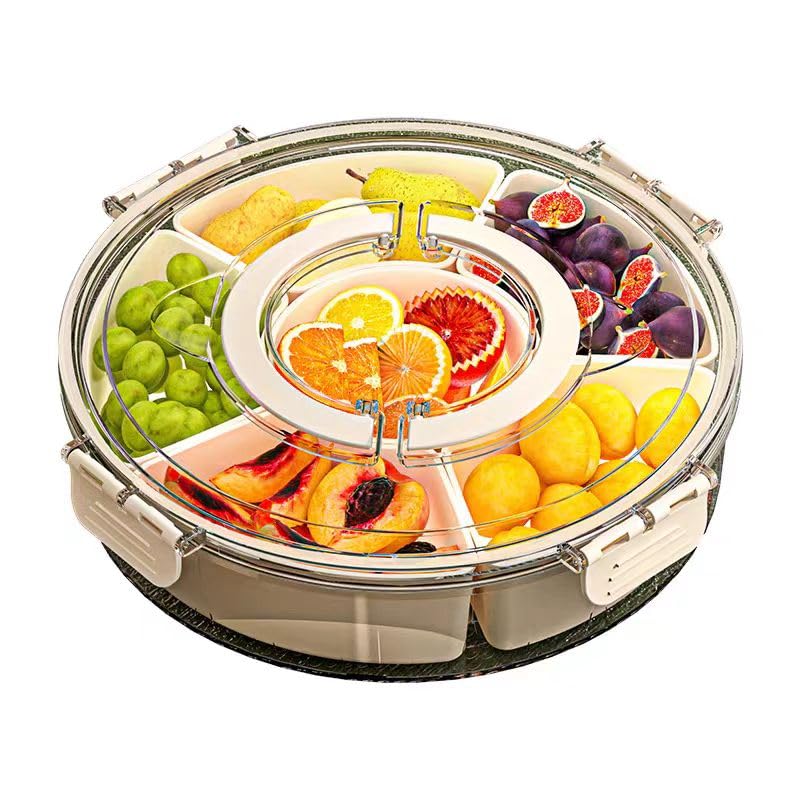 Crobat Divided Serving Tray with Lid Handle Spinner Snack Box with 6 Compartments Portable Round Charcuterie Platter for Fruits Veggies Snacks - Image 1