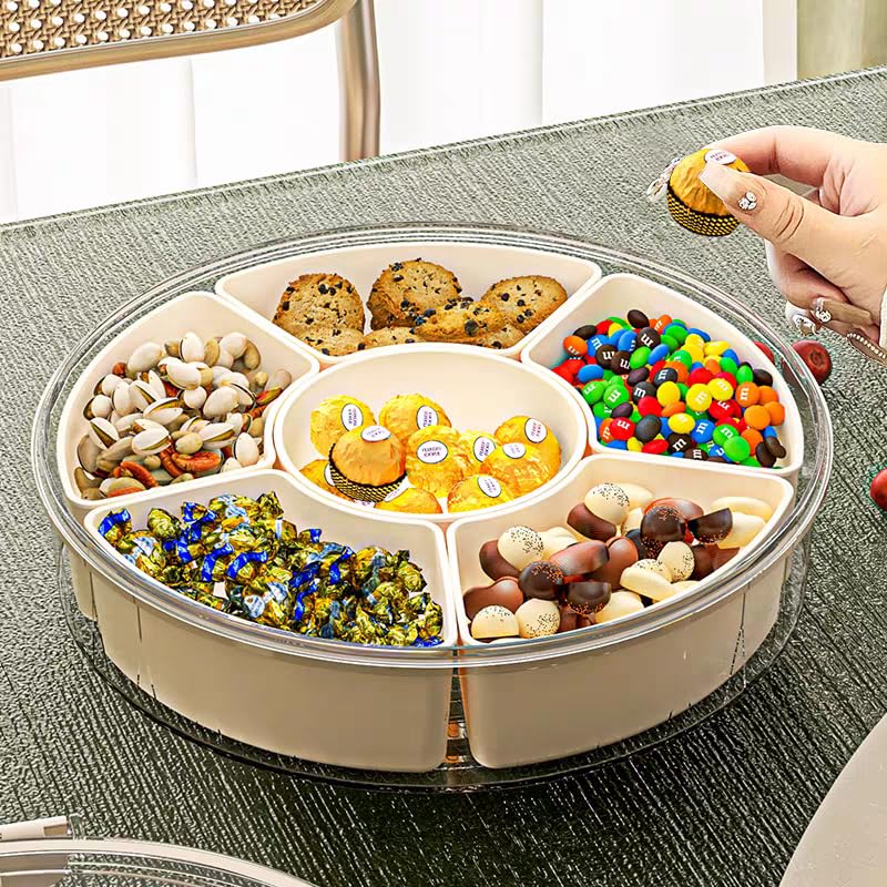 Crobat Divided Serving Tray with Lid Handle Spinner Snack Box with 6 Compartments Portable Round Charcuterie Platter for Fruits Veggies Snacks - Image 2