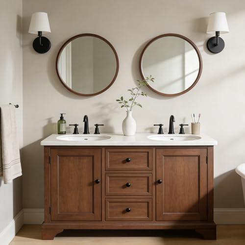 WallBeyond 24 Inch Round Wood Mirror, Circle Wooden Frame Wall Mirror for Bathroom, Living Room, Bedroom, Entryway (Walnut) - Image 4