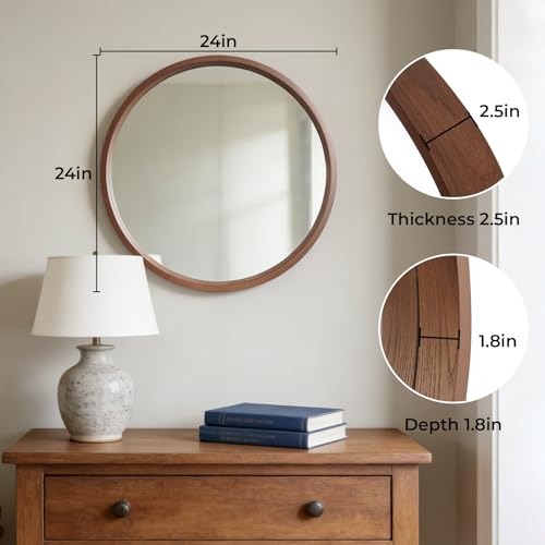 WallBeyond 24 Inch Round Wood Mirror, Circle Wooden Frame Wall Mirror for Bathroom, Living Room, Bedroom, Entryway (Walnut) - Image 5