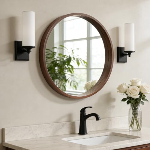 WallBeyond 24 Inch Round Wood Mirror, Circle Wooden Frame Wall Mirror for Bathroom, Living Room, Bedroom, Entryway (Walnut) - Image 1