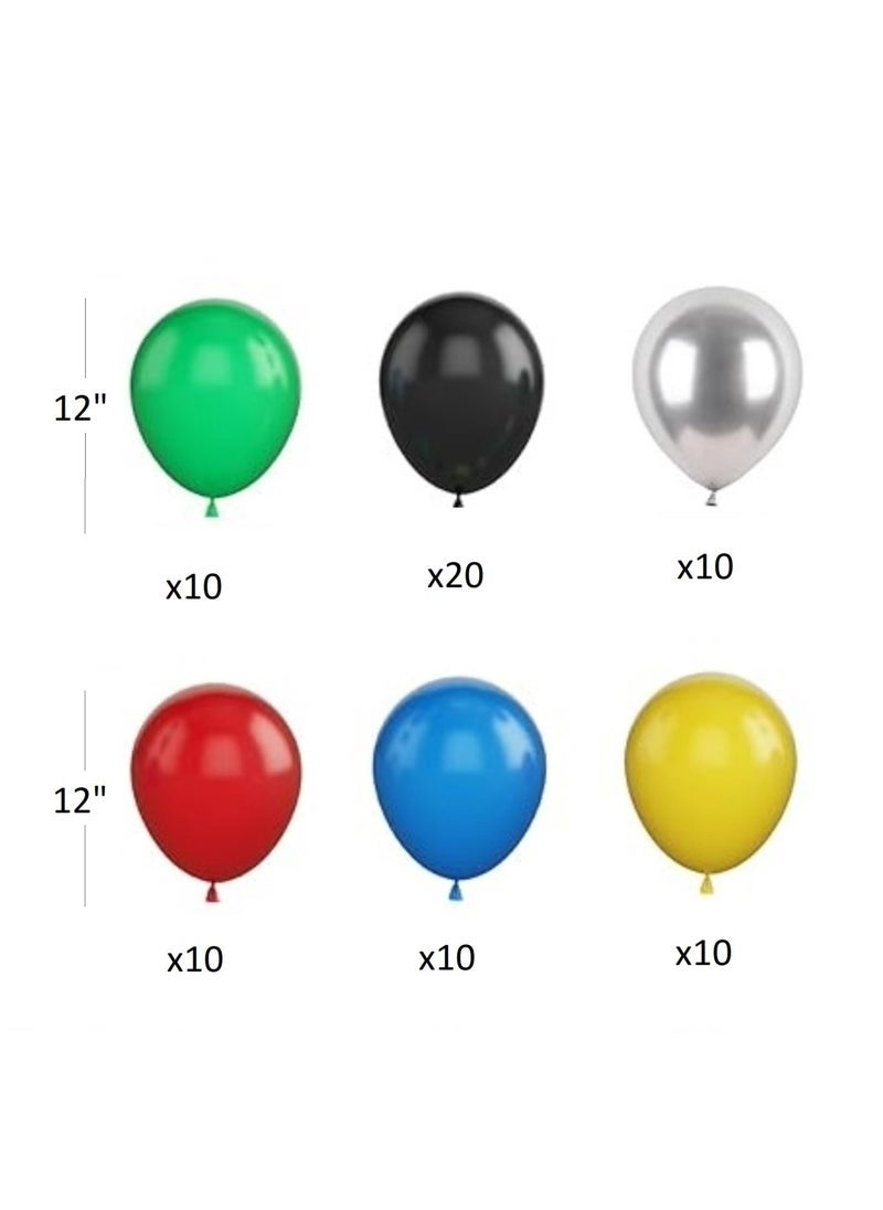 Boxwoods 70 PCS Of Green Red Blue Yellow Black And Chrome Silver Balloons For Theme Birthday Party Decoration - Image 2