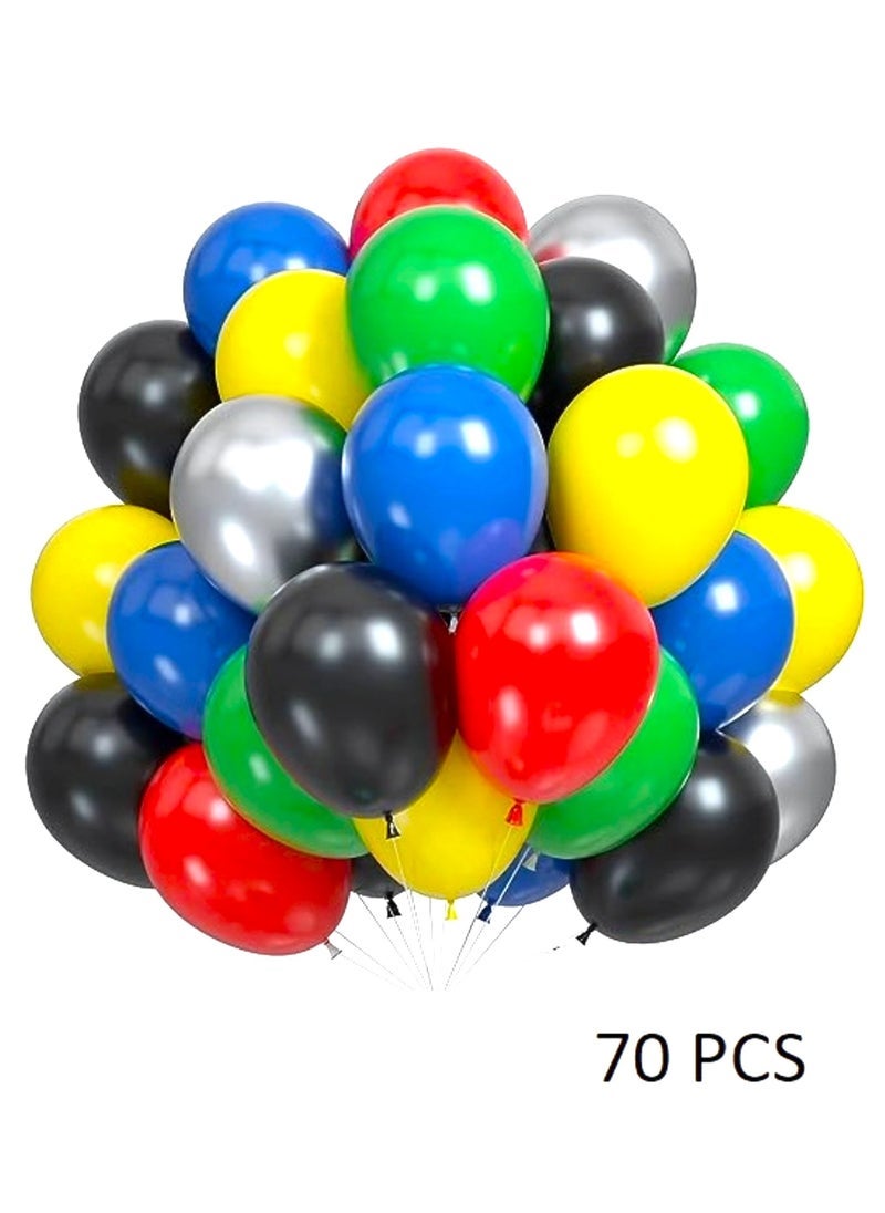 Boxwoods 70 PCS Of Green Red Blue Yellow Black And Chrome Silver Balloons For Theme Birthday Party Decoration - Image 1