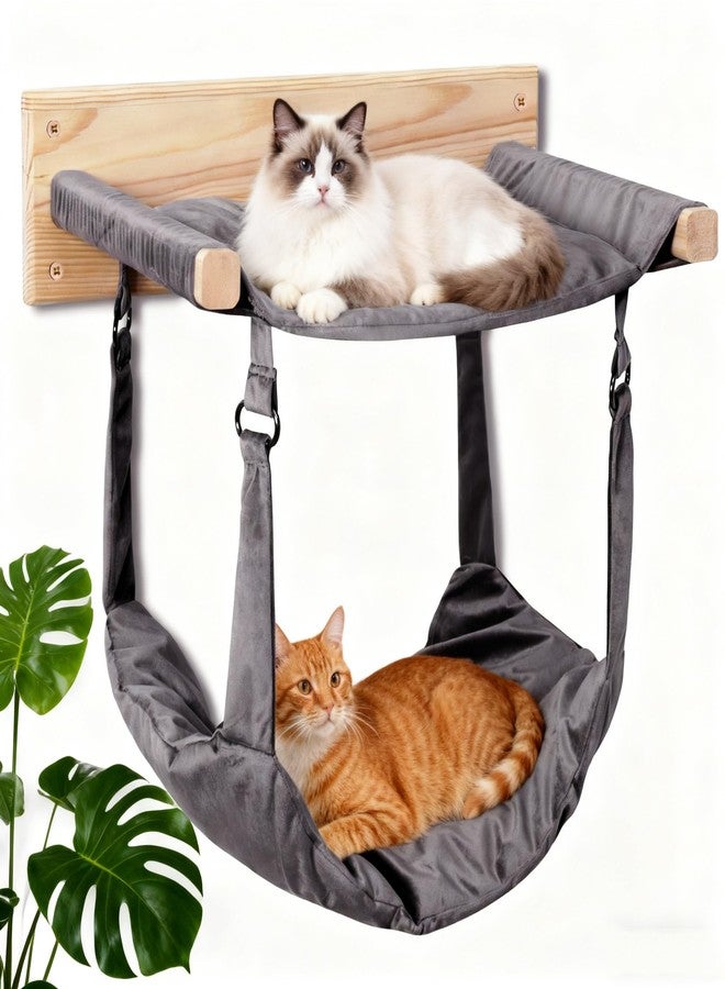 JSPYFITS Wooden Cat Wall Hammock, 18.9 x 12.6 Inch Double Layer Cat Furniture Hammock, Large Removable Multi-Function Cats Bed for Sleep/Play/Climb/Lounge Easy DIY Installation(Grey) - Image 1