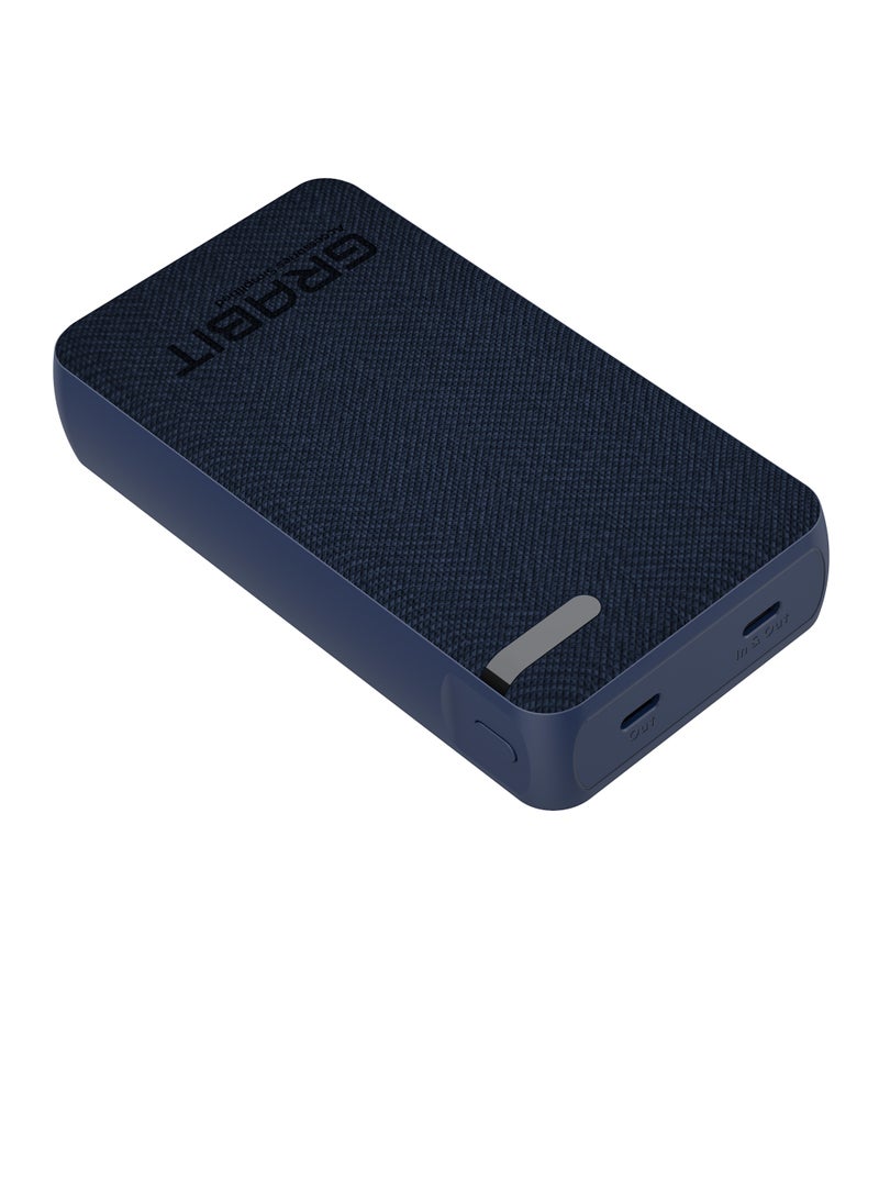 GRABIT - GPOWER-200T Power Bank 20,000mAh PD Power Bank – Fast & Stylish. Charge on the go with 20,000mAh PD fast charging and a sleek tactile fabric finish. Features dual USB-C 20W output, 4-5 phone charges, and 4-LED battery indicators. Includes USB-C to USB-C cable. Compatible with iPhone, Samsung, OnePlus, Xiaomi, Huawei, Google Pixel, iPads, and more. Perfect for travel, work, and daily use. - Image 1