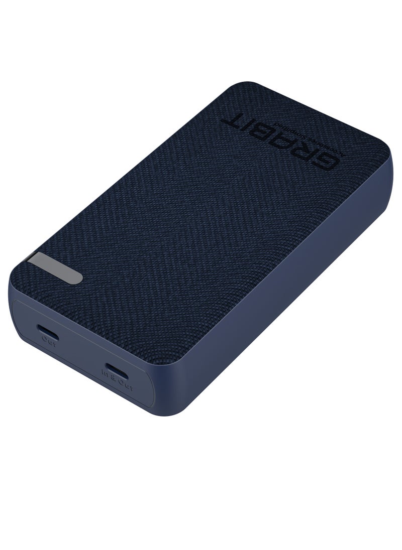 GRABIT - GPOWER-200T Power Bank 20,000mAh PD Power Bank – Fast & Stylish. Charge on the go with 20,000mAh PD fast charging and a sleek tactile fabric finish. Features dual USB-C 20W output, 4-5 phone charges, and 4-LED battery indicators. Includes USB-C to USB-C cable. Compatible with iPhone, Samsung, OnePlus, Xiaomi, Huawei, Google Pixel, iPads, and more. Perfect for travel, work, and daily use. - Image 1
