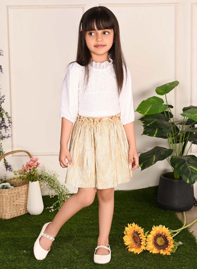 LILPICKS Balloon Sleeves Smoking Neck Top with Shimmering Skirt - Image 1