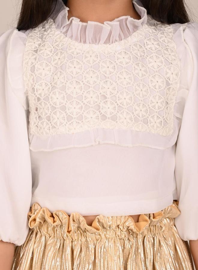 LILPICKS Balloon Sleeves Smoking Neck Top with Shimmering Skirt - Image 2