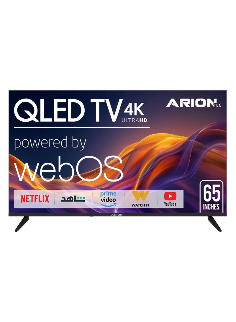 أريون تلفزيون سمارت QLED مقاس 65 بوصة 4K UHD، نظام WebOS 25، لوحة A+، ريسيفر رقمي مدمج، تصميم بدون إطار، Wi‑Fi وBluetooth وEthernet – AR-65-Q9WS - Image 1