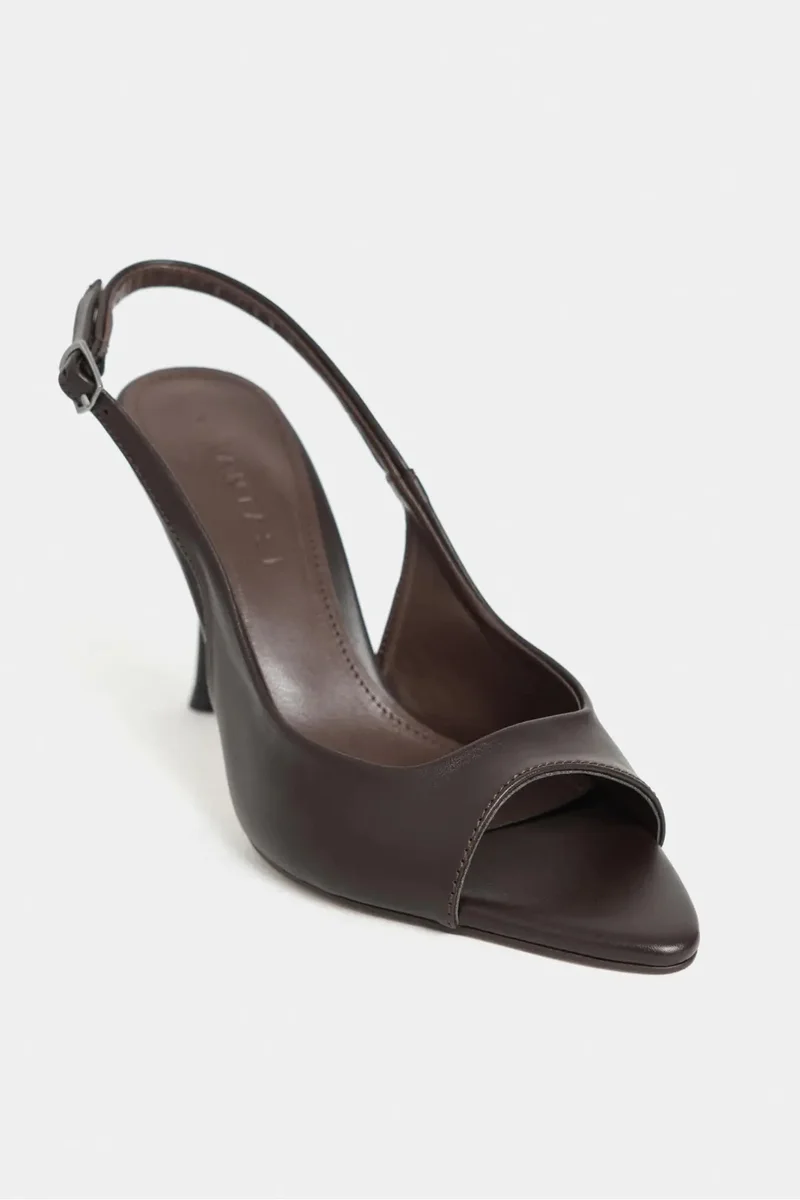 Nisantasi Shoes Maia Matte Pointed Toe Open Front Slim Heel Shoe — Brown