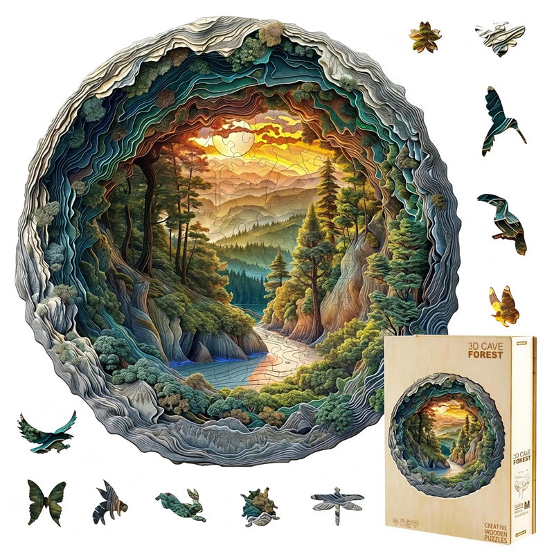 Jollitot Wooden Puzzles 3D Cave Forest Puzzle 300 Pieces Unique Animal Shaped Wood Challenging Jigsaw Puzzles Ideal for Adults Premium Wood Gift Box 134x133in - Image 3