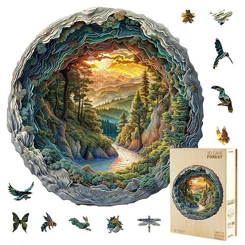 Jollitot Wooden Puzzles 3D Cave Forest Puzzle 300 Pieces Unique Animal Shaped Wood Challenging Jigsaw Puzzles Ideal for Adults Premium Wood Gift Box 134x133in - Image 1