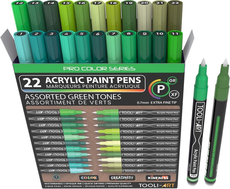 TOOLI-ART Acrylic Paint Pens 22 Green Tones Assorted Pro Color Series Markers Set 0.7mm Extra Fine Tip for Rock Painting, Glass, Mugs, Wood, Metal, Canvas, DIY Projects, Non Toxic, Waterbased, Quick Drying - Image 1