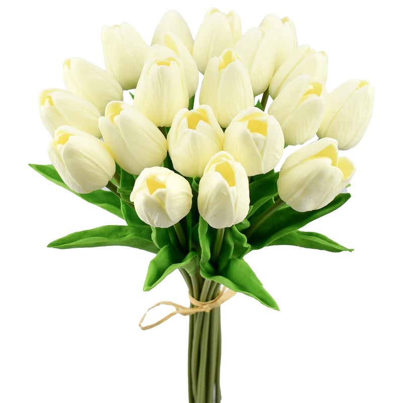 Mandy's Artificial Tulips 20 Stems Cream PU Faux Flowers for Valentine's Day and Easter Decorations Wedding Home Decor 13.5 Inch - Image 1