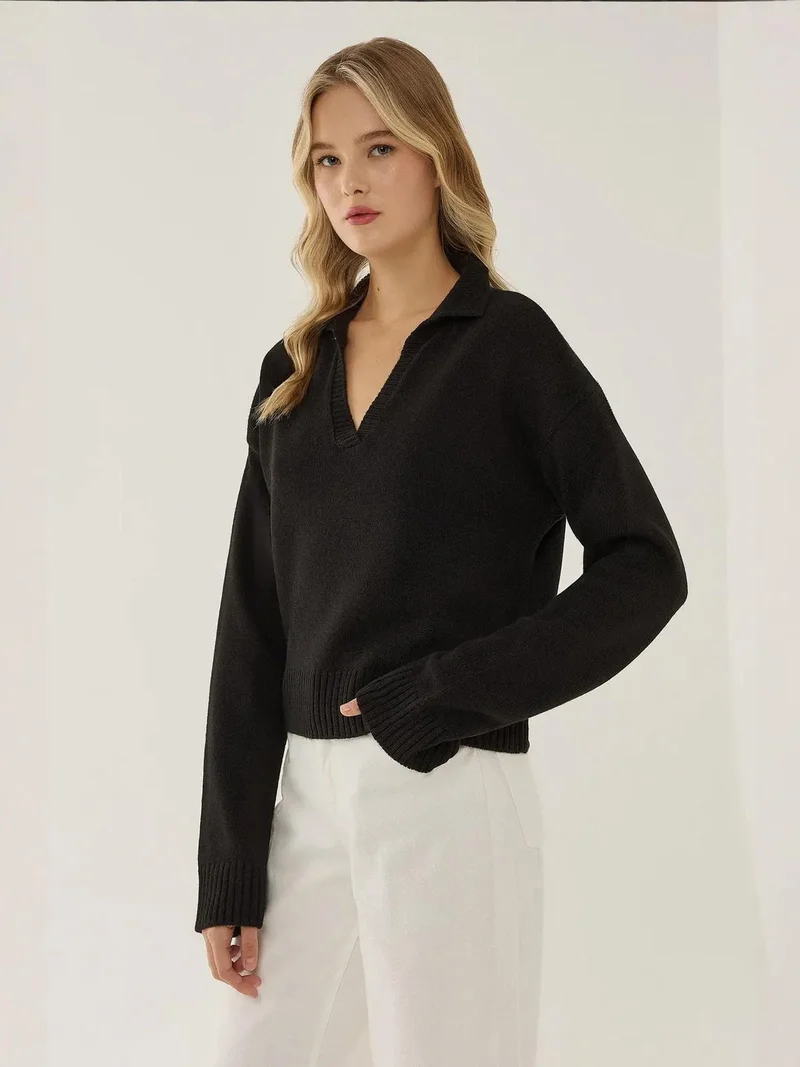 Hiccup Black Polo Collar Knit Sweater for Women | Best Price UAE