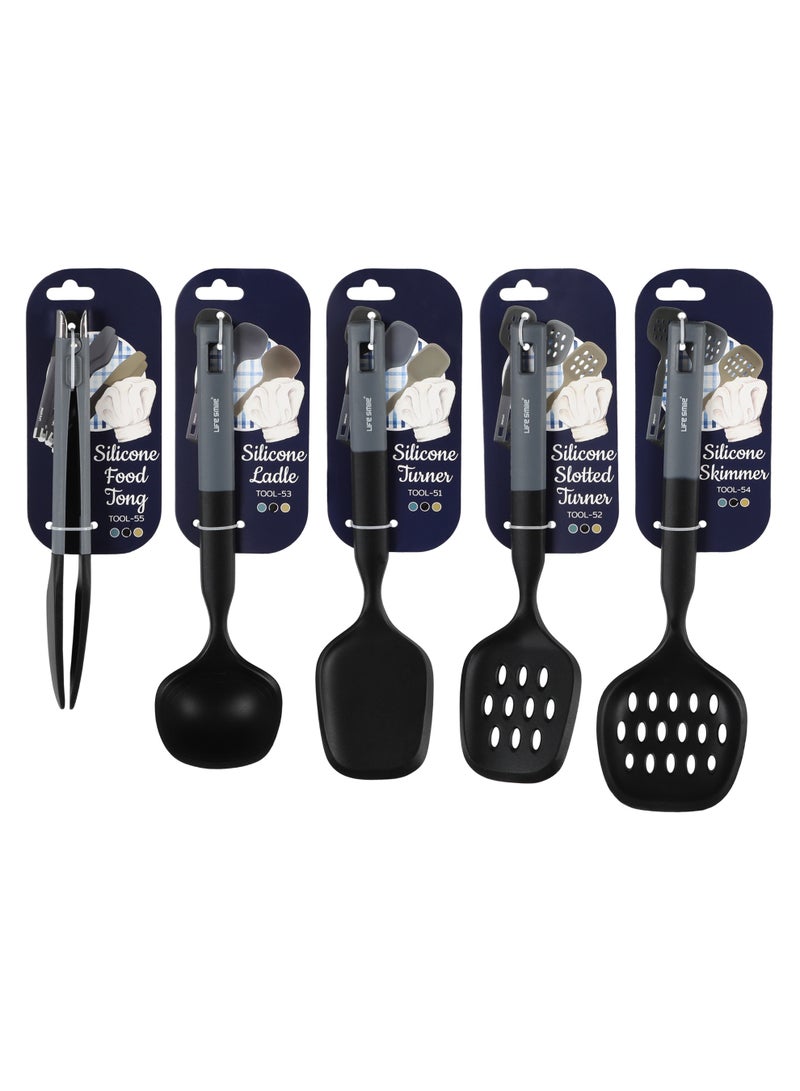 Life Smile Lifesmile Silicone Kitchen Utensils Set (5-Piece) | Ladle, Turner, Slotted Turner, Skimmer & Food Tong | Heat-Resistant - Image 1