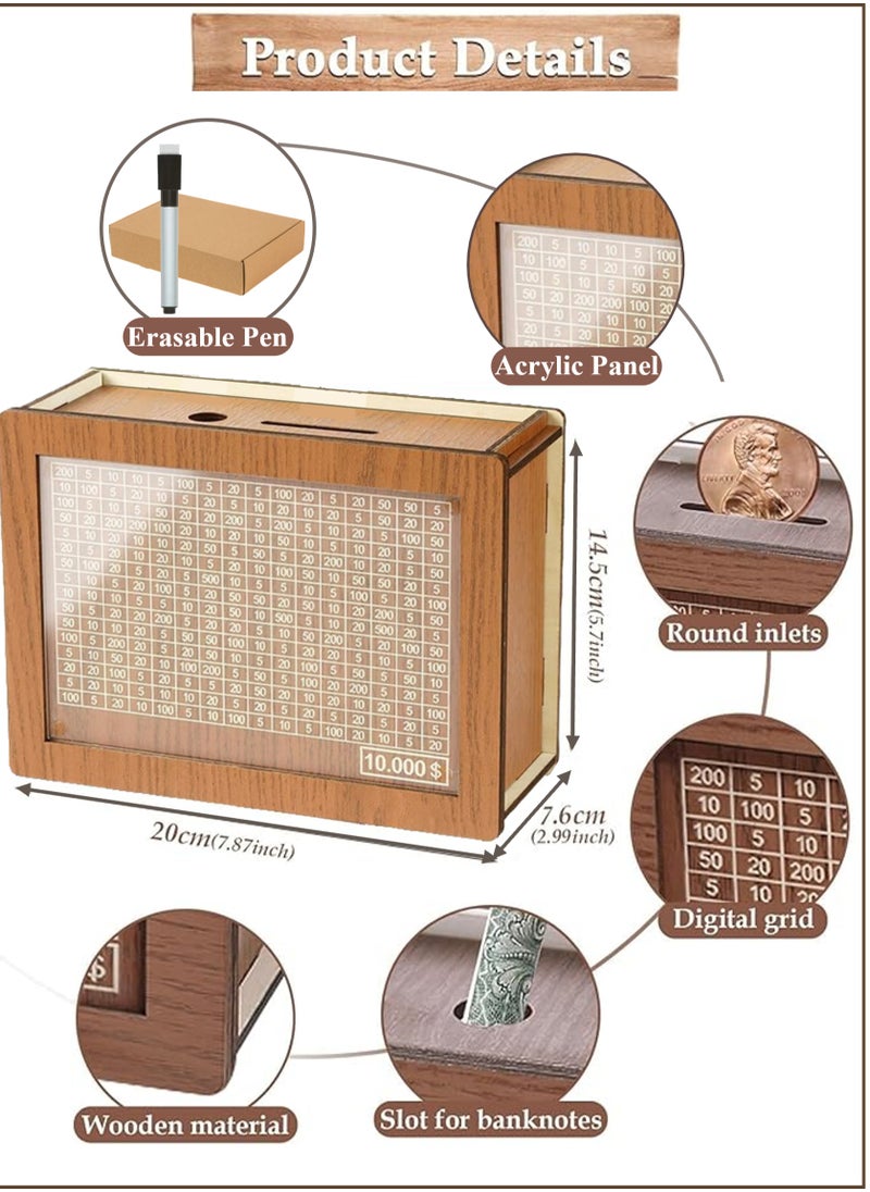 YooA Wooden Money Saving Box|Reusable Money Box With Erasable Marker and Counter,Currency/Cash/Coin Saver, Piggy Bank, Wooden Material Sturdy No Damage Reusable Smooth No Burrs Tool Saving, Money Donation Container, Target Best Holidays, Birthdays, Other Events Gift for Friends,Adults,Kids(10000 Dirhams/Dollars)  - Image 2