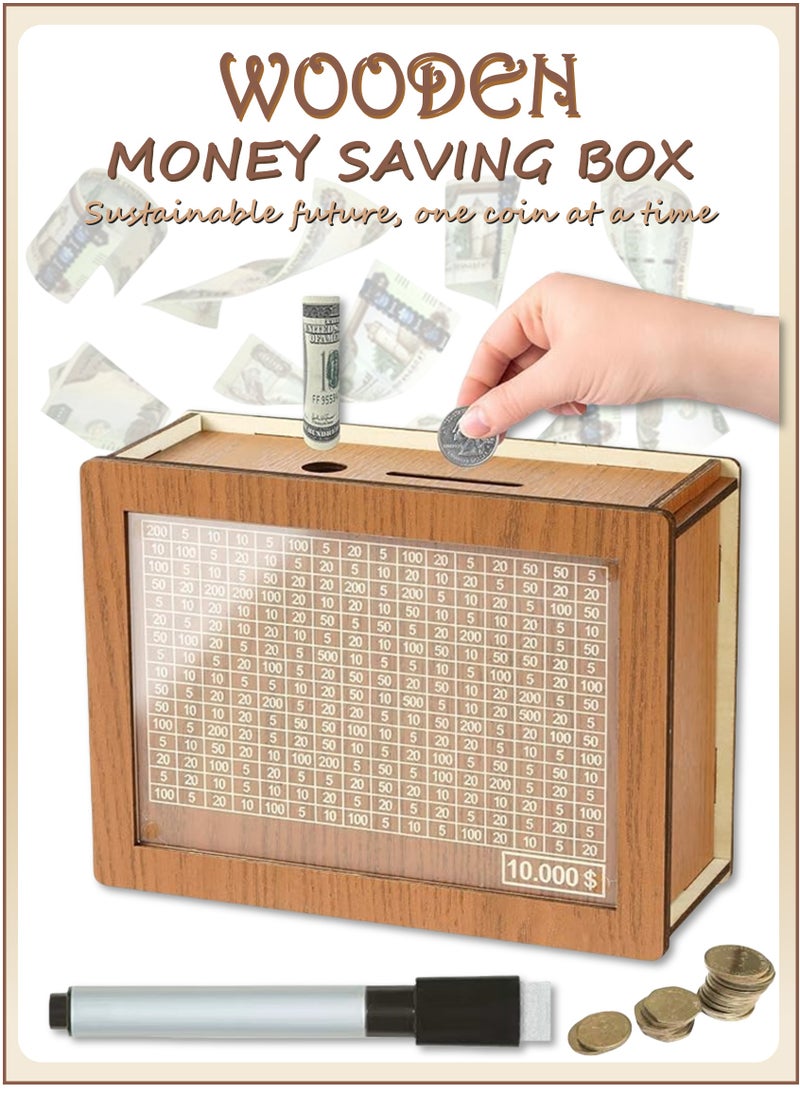 YooA Wooden Money Saving Box|Reusable Money Box With Erasable Marker and Counter,Currency/Cash/Coin Saver, Piggy Bank, Wooden Material Sturdy No Damage Reusable Smooth No Burrs Tool Saving, Money Donation Container, Target Best Holidays, Birthdays, Other Events Gift for Friends,Adults,Kids(10000 Dirhams/Dollars)  - Image 1