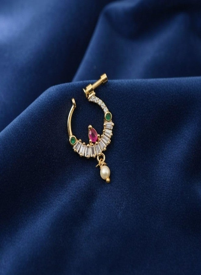 ZEELLO Gold Plated Nose Ring with Multicolor Stones, Pearl Drop, Screw Closure, Traditional Bridal Jewelry - Image 3