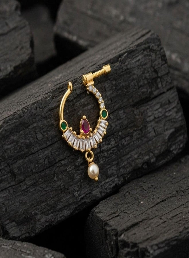 ZEELLO Gold Plated Nose Ring with Multicolor Stones, Pearl Drop, Screw Closure, Traditional Bridal Jewelry - Image 2