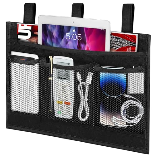 Tenyond Bedside Caddy Storage Organizer, Hanging Storage Bag Pocket for Bunk/Hospital Beds,College Dorm Organizer for Remotes Phone,College Dorm,Camp,Baby Bed Rails(4 Pockets),Black - Image 1