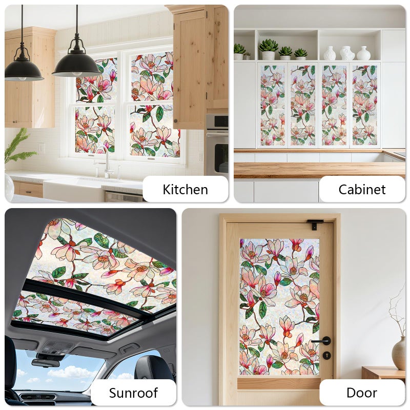 Kromapolis Window Privacy Film, Stained Glass Sticker Floral Window Clings, Decorative Static Clings UV Blocking Colorful Decals, Removable Vinyl Covering Rainbow Magnolia Flowers, 35.4'' x 78.7'' - Image 4