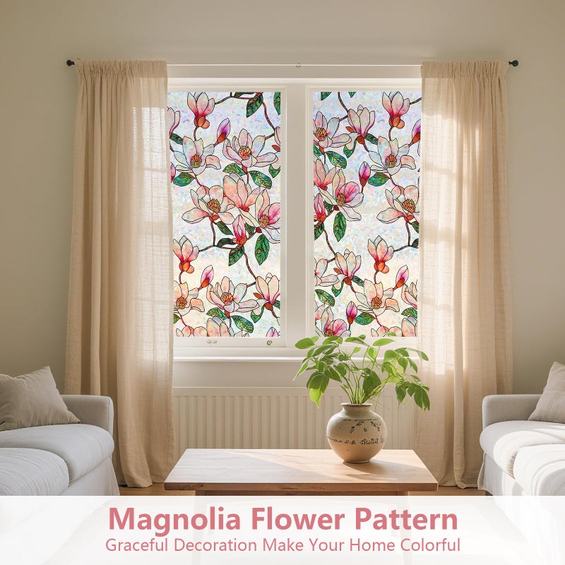 Kromapolis Window Privacy Film, Stained Glass Sticker Floral Window Clings, Decorative Static Clings UV Blocking Colorful Decals, Removable Vinyl Covering Rainbow Magnolia Flowers, 35.4'' x 78.7'' - Image 2