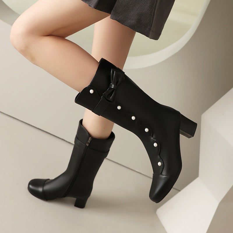 Fashion Shin Boots Thick Mid-Heel Pearl 40-48 Plus Size Solid Color Mid-Barrel Women'S Boots - Image 3