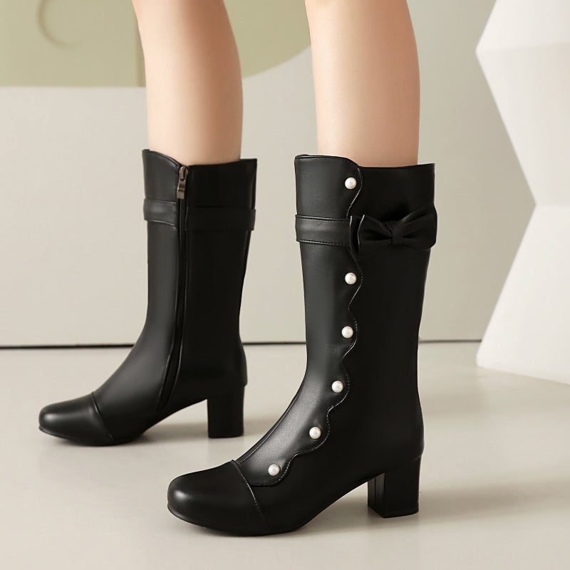 Fashion Shin Boots Thick Mid-Heel Pearl 40-48 Plus Size Solid Color Mid-Barrel Women'S Boots - Image 4