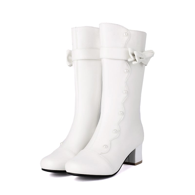 Fashion Shin Boots Thick Mid-Heel Pearl 40-48 Plus Size Solid Color Mid-Barrel Women'S Boots - Image 1