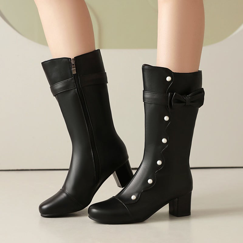 Fashion Shin Boots Thick Mid-Heel Pearl 40-48 Plus Size Solid Color Mid-Barrel Women'S Boots - Image 2