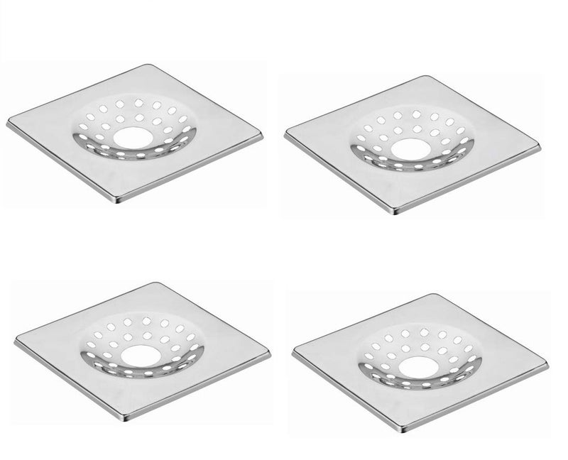 NEW WARE 5 x 5 Inch Square Stainless Steel Bathroom JaliTrap Floor Drain with Hole with Chrome Finish Water Drain Grating Pack of 4