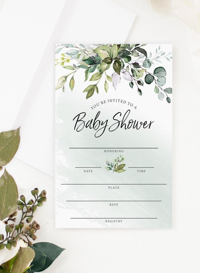 Printed Party Baby Shower Invitations and Envelopes, Greenery Eucalyptus, Set of 30 - Image 2