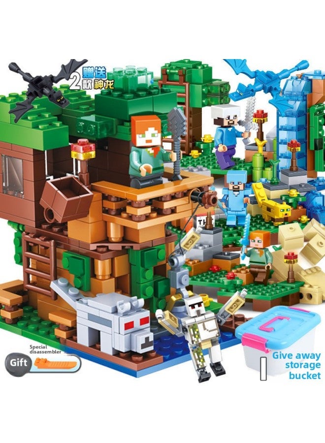 Compatible With Lego My World Building Blocks Benefiting Intelligence Assembled Toys Children's Organ Cave Village Tree House 6-12 Years Old-Color:Steve Forest Tree House 【500 + Pieces】 Bucket - Image 1
