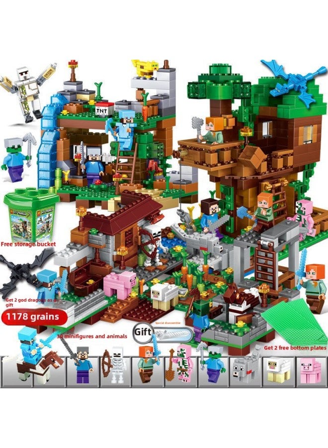 Compatible With Lego My World Building Blocks Benefiting Intelligence Assembled Toys Children's Organ Cave Village Tree House 6-12 Years Old-Color:Steve Forest Tree House 【500 + Pieces】 Bucket - Image 3
